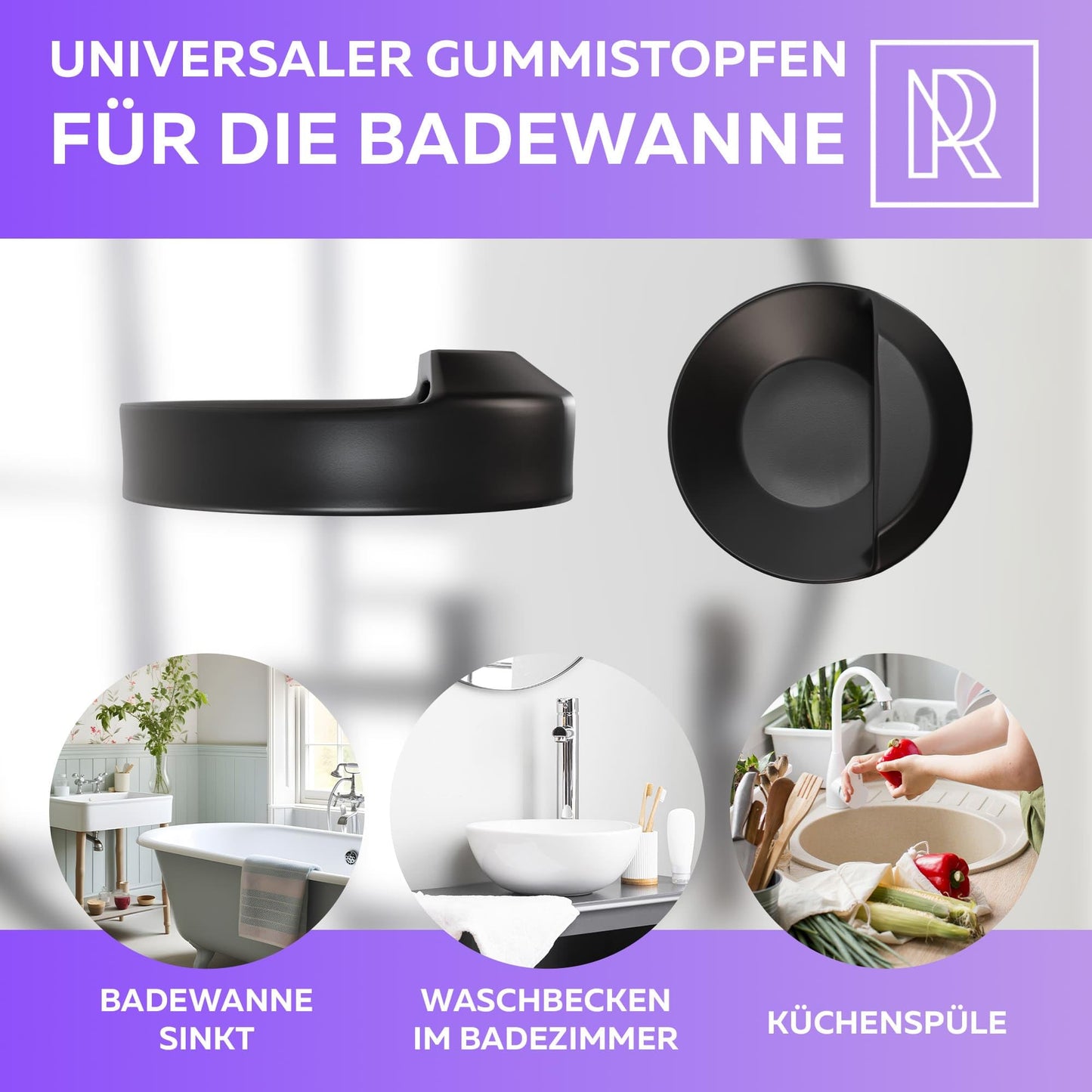 M. ROSENFELD HOME Abflussstopfen 46mm, Spüle Abfluss Stöpsel, Gummi Stöpsel für Spülbecken, Spültisch Stopfen mit Haken, Abfluss Stöpsel für Spüle, Spültisch Stopfen für Badewanne, Küche, Bad