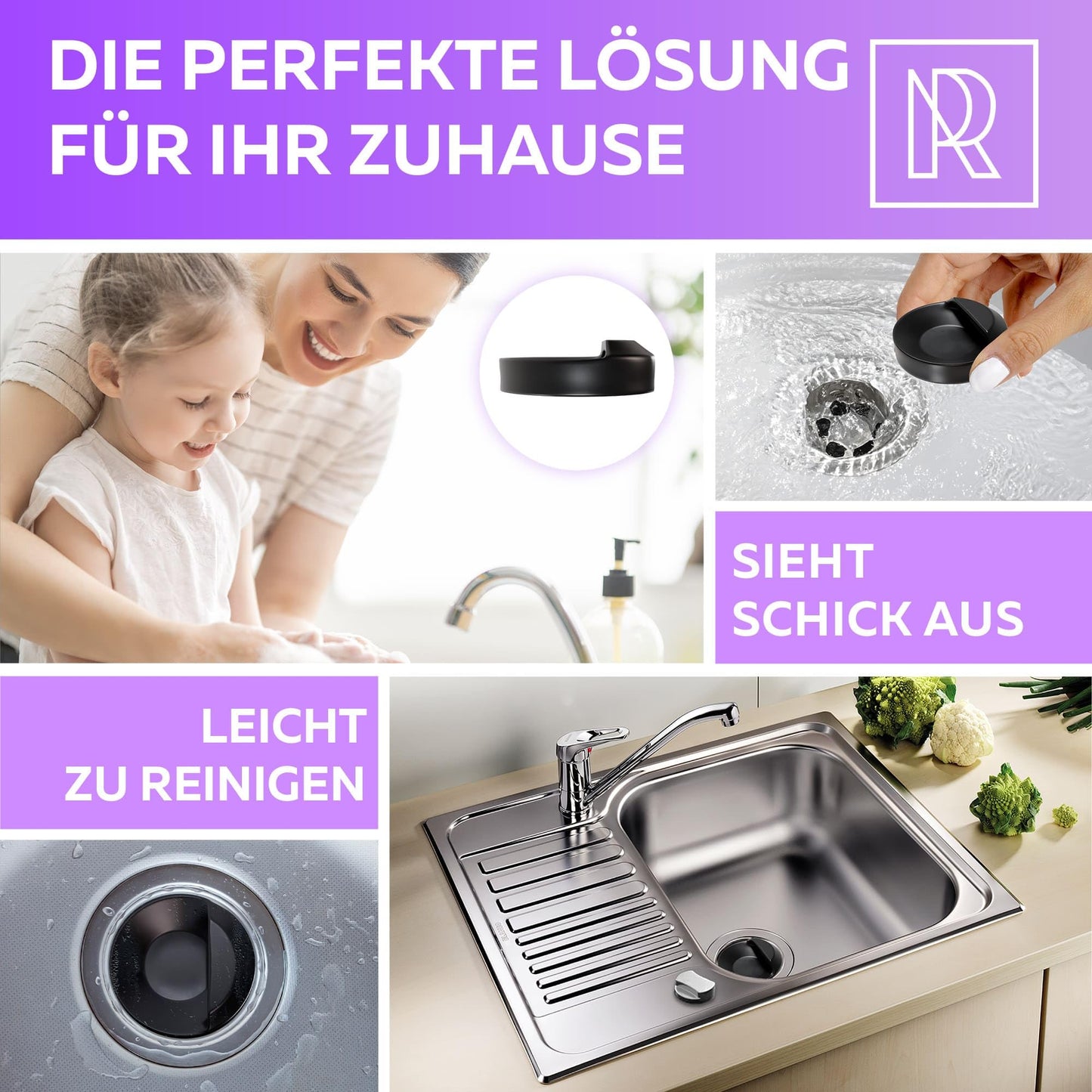 M. ROSENFELD HOME Abflussstopfen 46mm, Spüle Abfluss Stöpsel, Gummi Stöpsel für Spülbecken, Spültisch Stopfen mit Haken, Abfluss Stöpsel für Spüle, Spültisch Stopfen für Badewanne, Küche, Bad