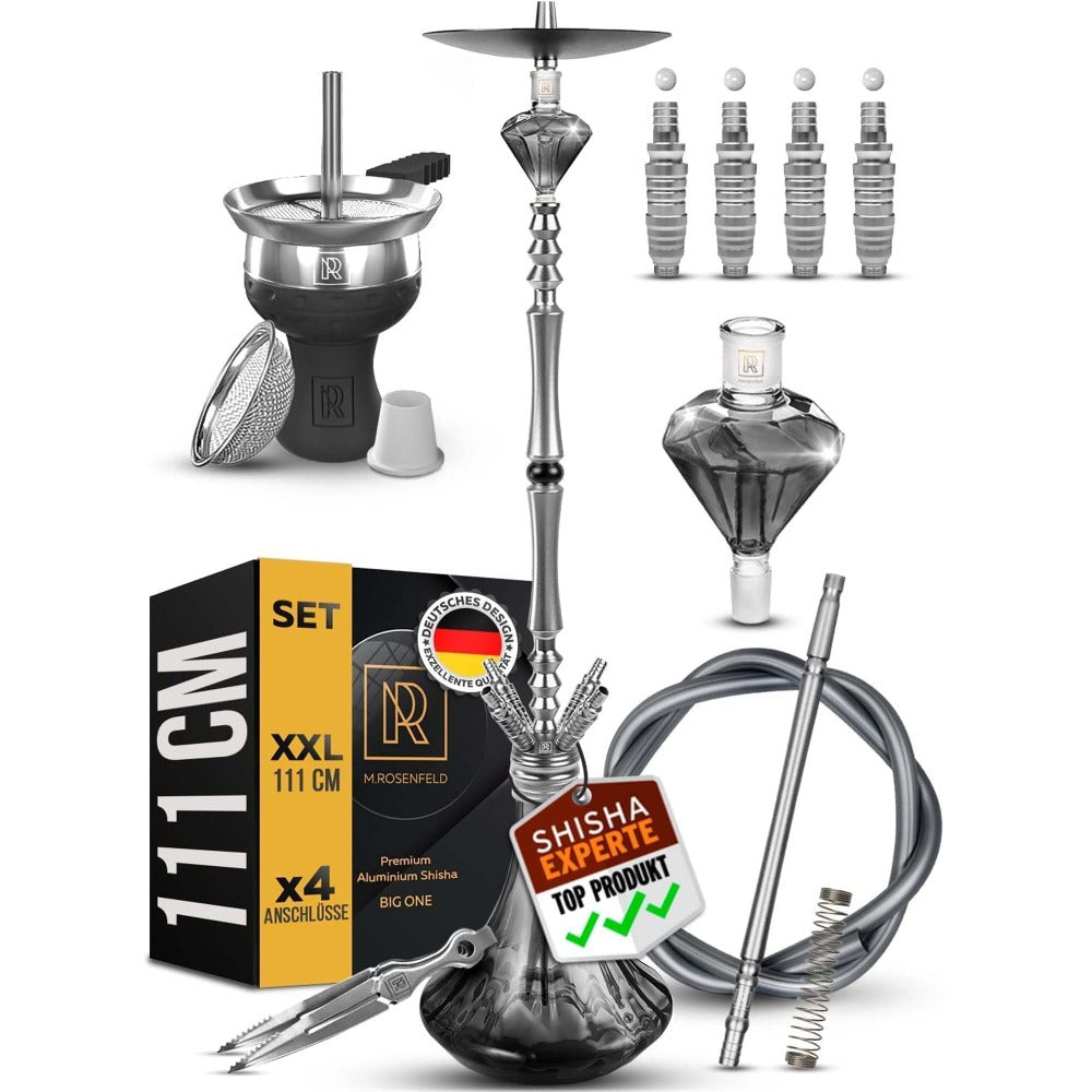 Premium-Shisha-Big-ONE-Massiv-und-Edel-M.ROSENFELD-Komplettset-111-cm-Hookah-mit-4-Anschlüssen-inkl.Adapter