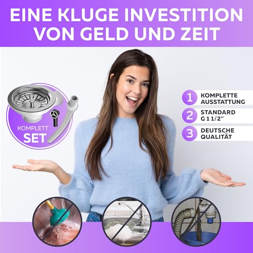Küche Ablaufgarnitur Spüle Siebkorbventil 114mm (3 1/2 Zoll) mit Überlauf Set - 1 1/2" Spülbecken Ablauf für Siphon Anschluss