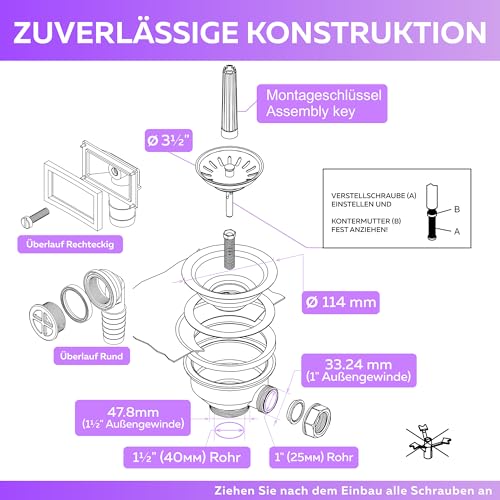 Küche Ablaufgarnitur Spüle Siebkorbventil 114mm mit Überlauf
