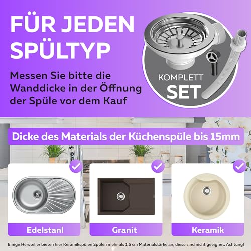 Küche Ablaufgarnitur Spüle Siebkorbventil 114mm (3 1/2 Zoll) mit Überlauf Set - 1 1/2" Spülbecken Ablauf für Siphon Anschluss
