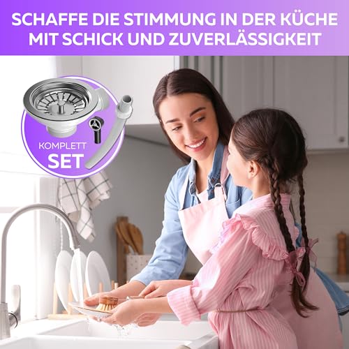 Küche Ablaufgarnitur Spüle Siebkorbventil 114mm (3 1/2 Zoll) mit Überlauf Set - 1 1/2" Spülbecken Ablauf für Siphon Anschluss