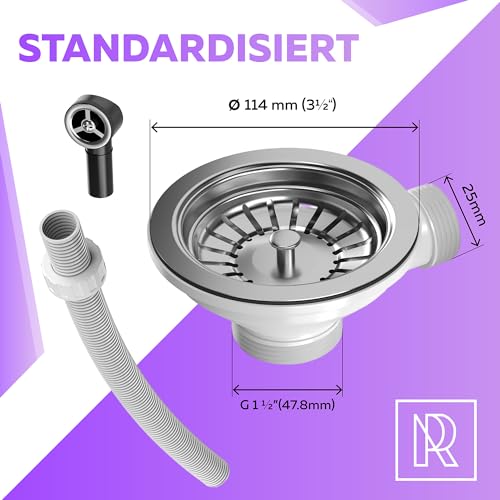 Küche Ablaufgarnitur Spüle Siebkorbventil 114mm (3 1/2 Zoll) mit Überlauf Set - 1 1/2" Spülbecken Ablauf für Siphon Anschluss