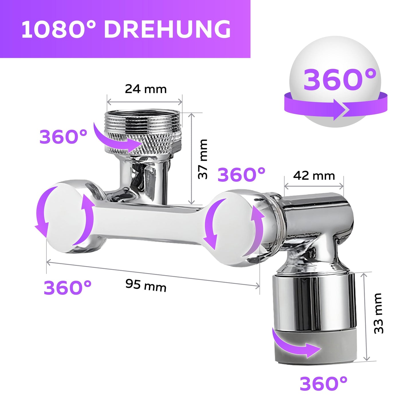 Drehbarer Wasserhahn Verlängerung 1080 Grad mit Wassersparend Perlatoren