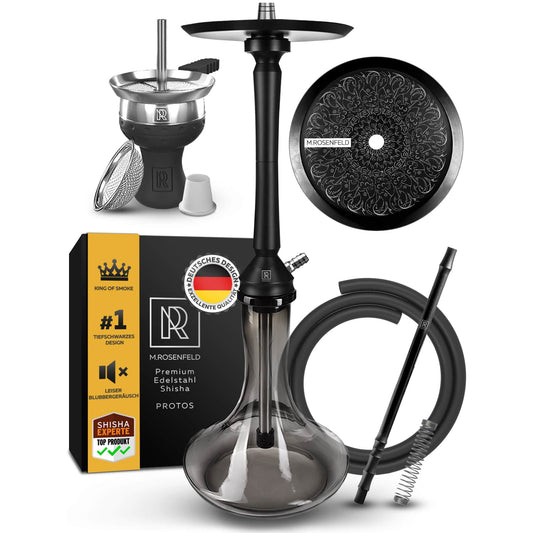 M.ROSENFELD-Premium-Black-Shisha-PROTOS-Hookah-mit-Anschlüssen-Adapter-Closed-Chamber-mit-Klickgewinde-Diffusor-mit-Kamin