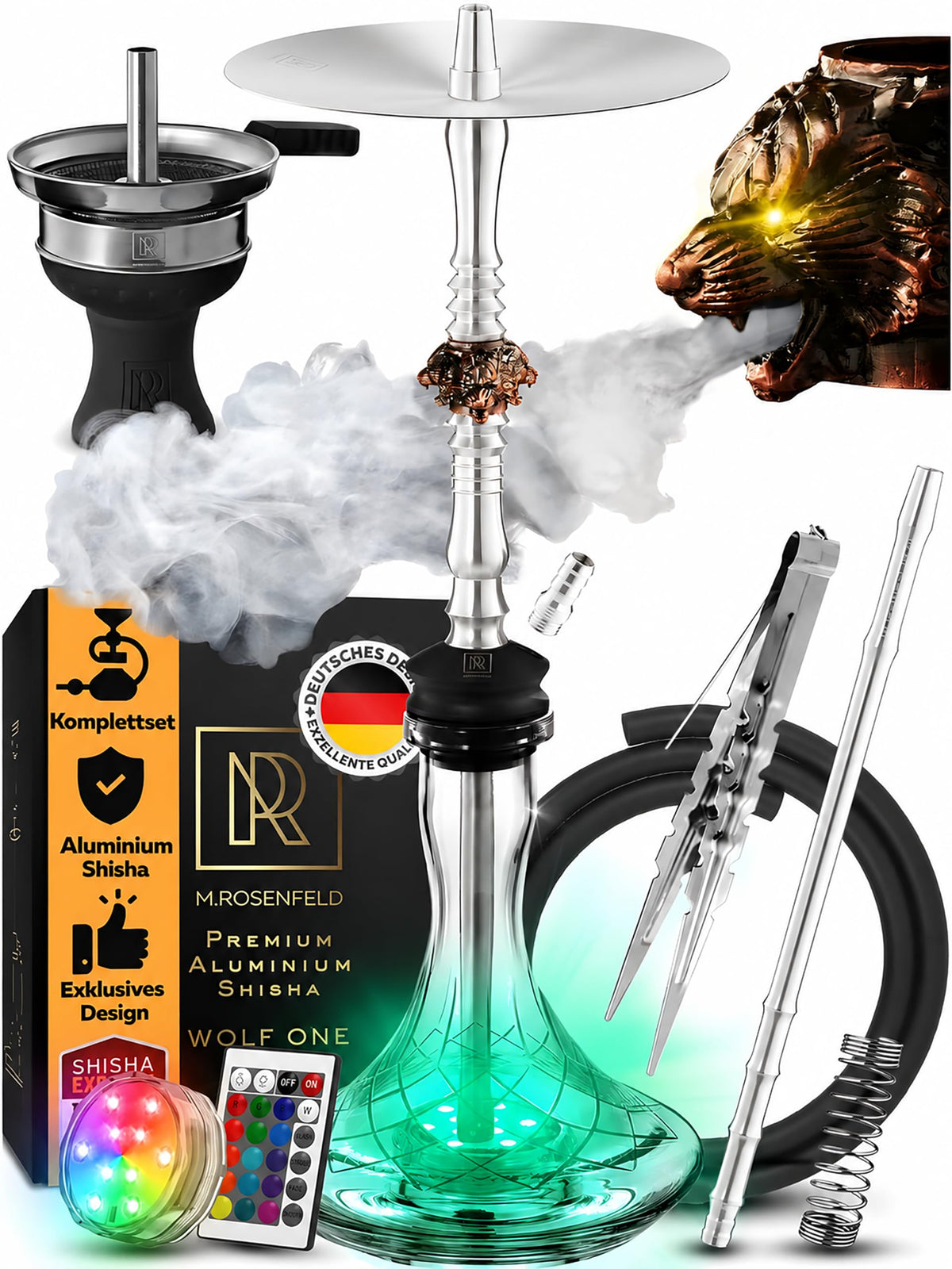 M. ROSENFELD WolfOne – Edelstahl-Shisha mit LED-Untersetzer – 85 cm