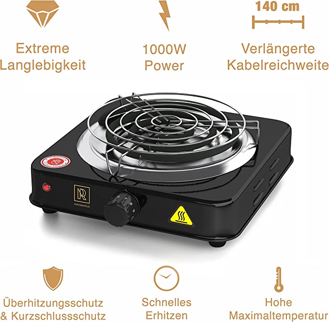 Premium-Shisha-Kohleanzünder-elektrischfür-Kohle-Heat-1000W-Anzünder-Schwarz-Gitter-Zange-aus-Edelstahl-Langes-140-cm-Kabel